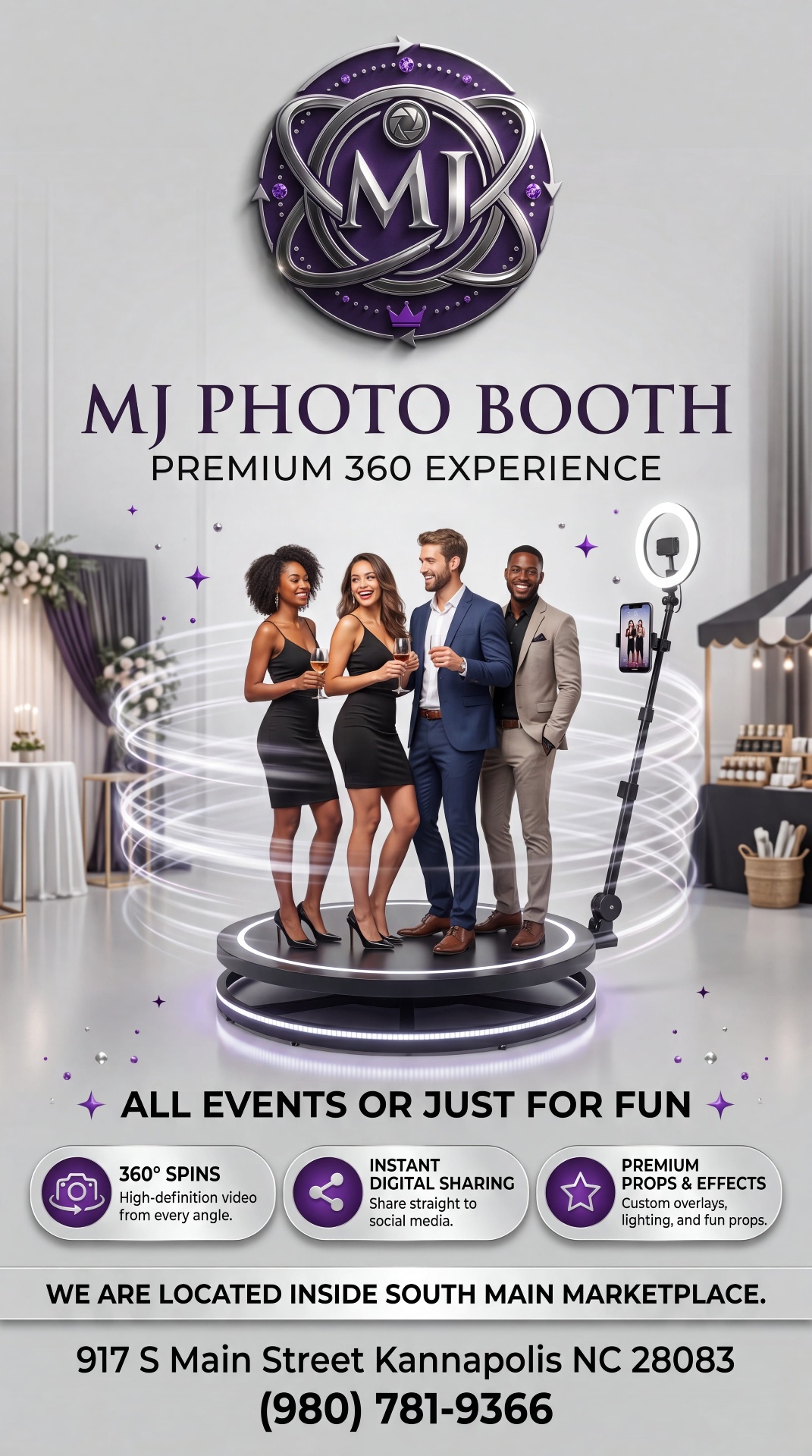 MJ Photo Booth — premium 360° experience now at South Main Marketplace